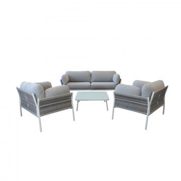 Salotto in alluminio e corda PVC: divano 183x80, poltrona 99x80, tavolino