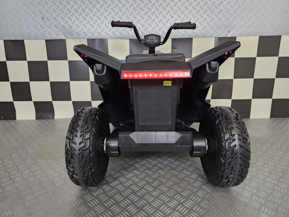 Quad elettrico per bambini Future 12 V blu con grande pneumatico, design robusto, luci LED posteriori e dettagli in nero, ideale per giochi all'aperto
