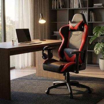 Poltrona gaming in poliuretano rosso e nero, altezza regolabile 121-129 cm