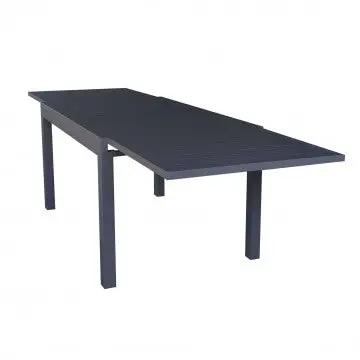 Tavolo allungabile Hawaii in alluminio antracite 135/270 x 90 cm completamente esteso, ideale per giardini e terrazze moderne.