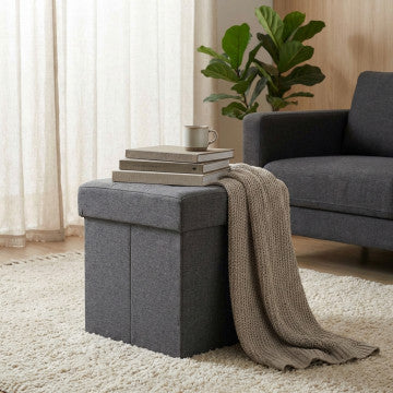 Pouf contenitore quadrato in tessuto grigio scuro 38x38x40 cm