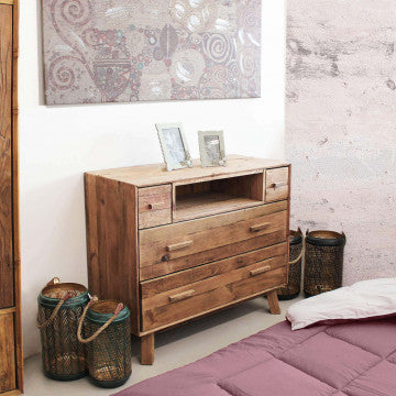 Cassettiera 4 cassetti 1 ripiano legno pino riciclato 110x48x92cm