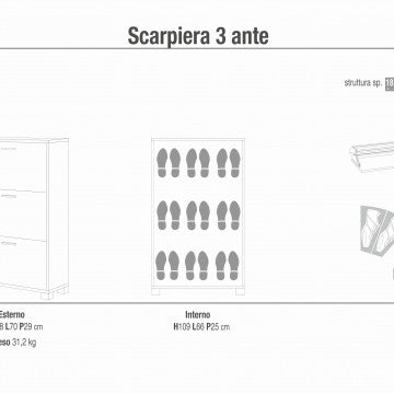 Scarpiera 3 ante MDF 70x29x118 cm colore noce stelvio e ossido