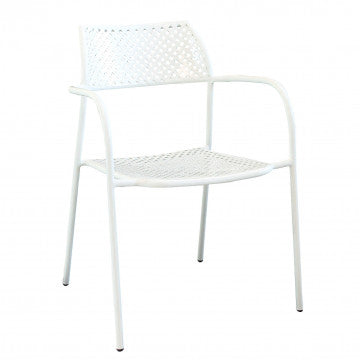 Poltrona Windsor con braccioli impilabile in acciaio verniciato a polvere bianco, perfetta per esterni eleganti e resistenti alle intemperie.