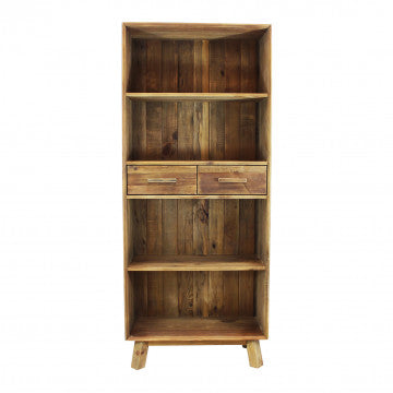 Libreria 4 ripiani 2 cassetti legno pino riciclato 80x40x190 cm