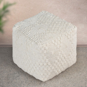 Pouf quadrato in cotone e lana, 40x40x40 cm, colore bianco avorio