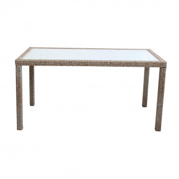 Tavolo da giardino Azore rettangolare 150 x 90 cm in wicker marrone con piano in vetro, adatto per spazi esterni eleganti.
