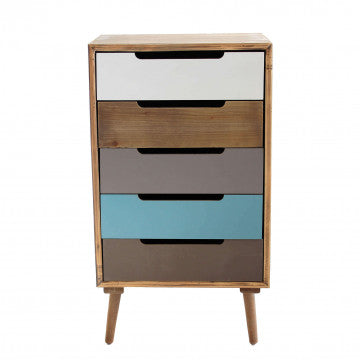 Cassettiera con struttura MDF, gambe pino, 5 cassetti colorati