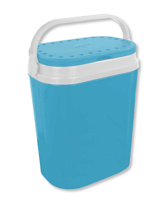 Borsa termica blu e bianca con manico, ideale per conservare cibi e bevande freschi durante escursioni e campeggio, compatta e pratica