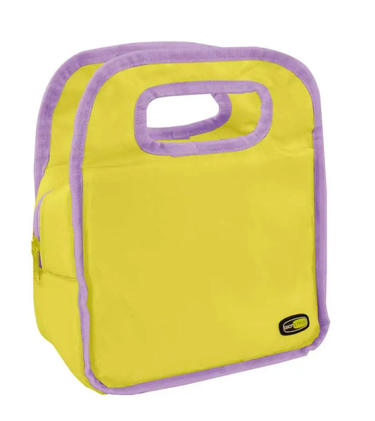 Borsa termica in tessuto giallo con dettagli viola, manico integrato, capacità 4,5 litri, perfetta per il pranzo, SKU: GIO-2305465
