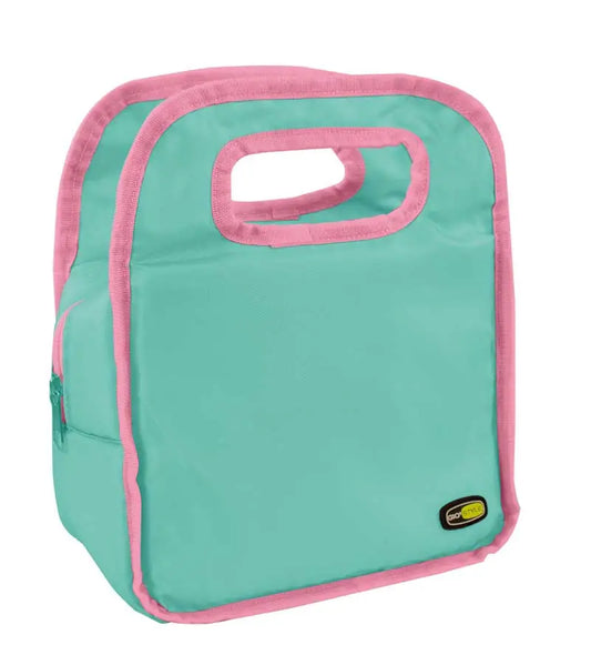 Borsa termica colorata in tessuto leggero con manico integrato, dettagli rosa, ideale per pranzi, capacità 4,5 litri, SKU: GIO-2305465