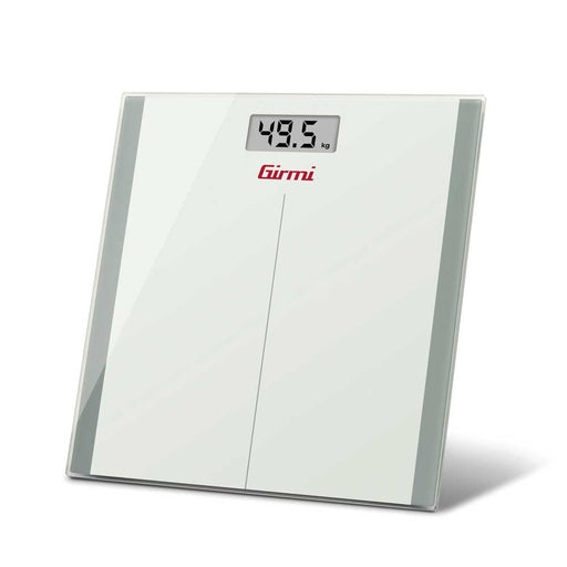 Bilancia pesapersona elettronica Girmi 150kg con vetro temperato, display LCD grande, misura in kg, design moderno bianco