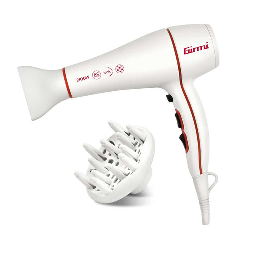 Asciugacapelli professionale Girmi 2200W con motore AC, corpo bianco con dettagli rossi, funzione ionica e getto d'aria fredda, ideale per styling capelli.