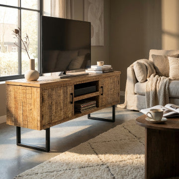Porta TV con 2 ante e 2 cassetti, gambe metallo nero, 160x45x60 cm