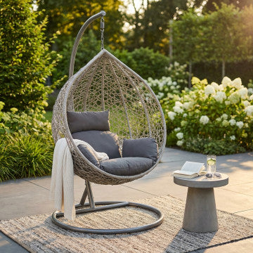 Dondolo struttura metallo tortora con seduta wicker grigio, cuscino
