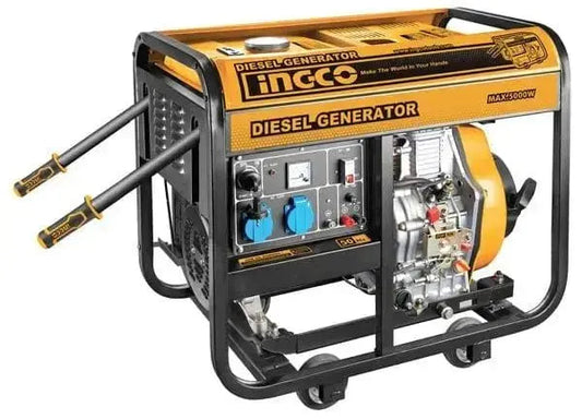 Generatore di corrente a diesel 4,5kw Ingco con motore 418cc, struttura robusta, ruote e maniglie per trasporto facile, ideale per uso professionale.