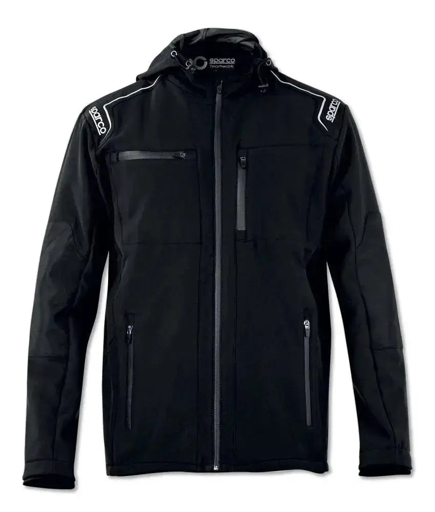 Giacca nera [Marca] tecnica con cappuccio e tasche con zip.