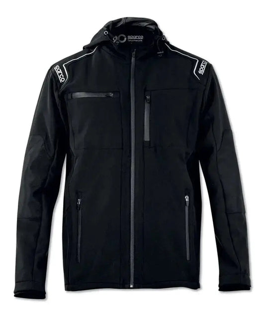 Giacca nera [Marca] tecnica con cappuccio e tasche con zip.