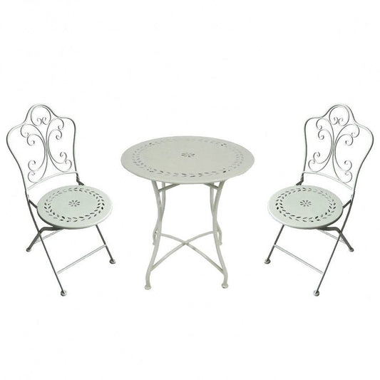 Set di sedie e tavolo da giardino in metallo bianco con design decorativo, tavolo rotondo Ø 60 cm, perfetto per spazi esterni, SKU: FE802601