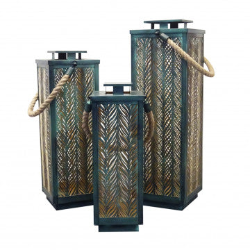 Set 3 lanterne metallo con manico juta, decoro nero/verde, interno oro