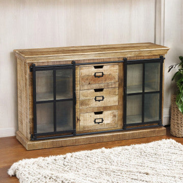 Mobile in legno di mango con 4 ante e 3 cassetti, dimensioni 150x45x90 cm