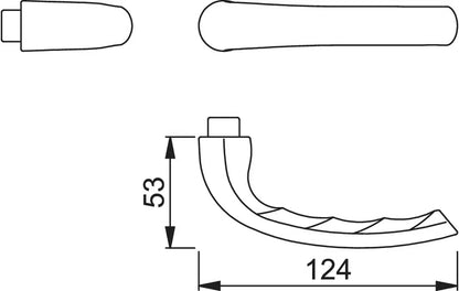 Schema tecnico della maniglia Hoppe Tokyo bronzo, dettagli dimensioni 124x53 mm, design moderno e curvo, per porte interne