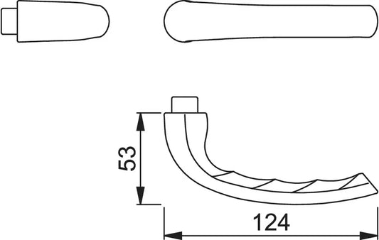 Schema tecnico della maniglia Hoppe Tokyo bronzo, dettagli dimensioni 124x53 mm, design moderno e curvo, per porte interne