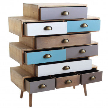 Mobiletto con struttura MDF, gambe pino, 10 cassetti colorati 80x36,5x91,5 cm