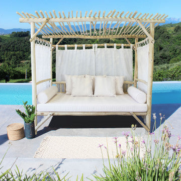 Gazebo letto in teak con cuscini, struttura poliestere, 250x180x204 cm