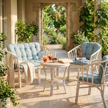 Salotto in rattan naturale 2 posti con cuscini in cotone