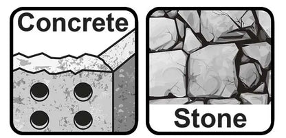 Icone che indicano l'uso per forare cemento e pietra, con simboli di superficie in calcestruzzo e pietra naturale