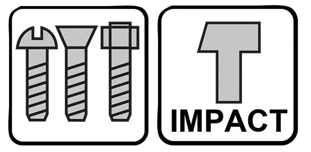 Icona illustrativa di punte per avvitatore impact con simbolo di impatto e diverse tipologie di viti, in bianco e nero