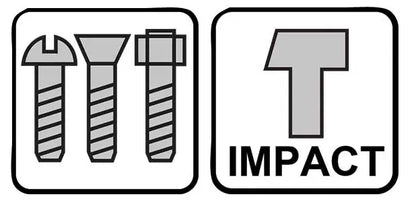 Icona illustrativa di punte per avvitatore impact con simbolo di impatto e diverse tipologie di viti, in bianco e nero