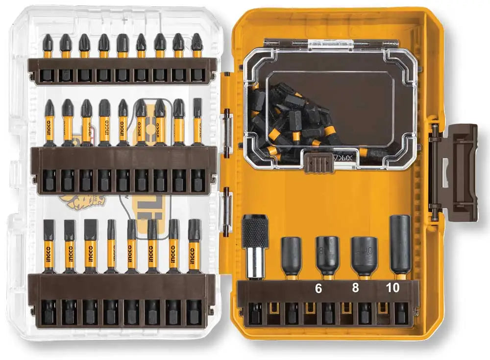Set di 51 punte per avvitatore impact con valigetta in plastica gialla e marrone, punte in acciaio con rivestimento giallo, varie dimensioni