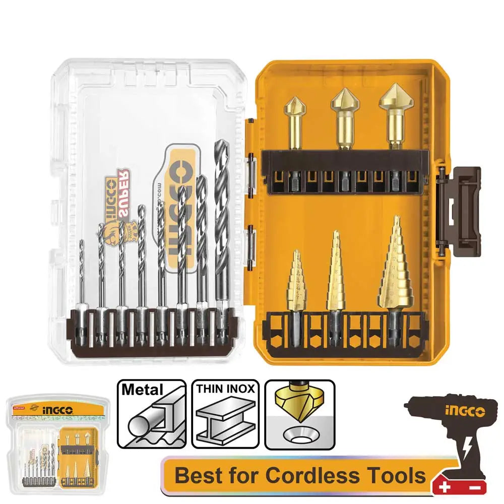Set di punte HSS e frese a gradino in custodia di plastica gialla, con punte in metallo dorato, ideale per perforazioni precise su metallo e inox.