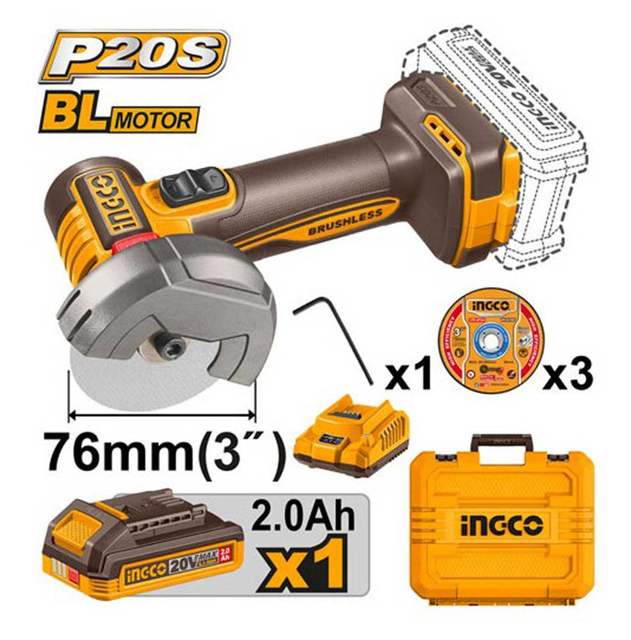Smerigliatrice 76mm 20V Brushless Ingco con Batteria 2Ah