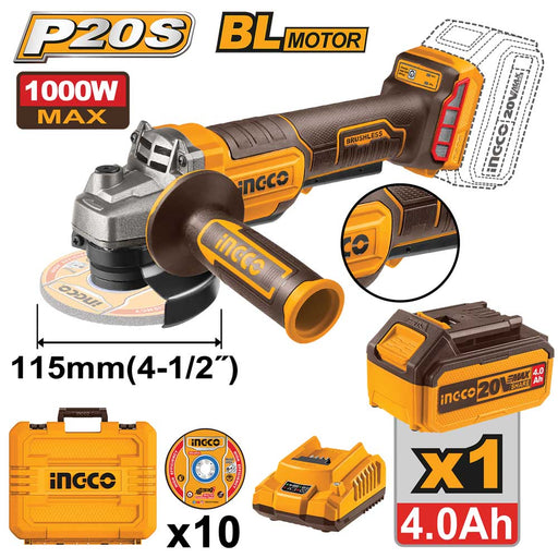 Smerigliatrice angolare 115mm con motore brushless da 1000W, corpo nero e gommato arancione, batteria 20V e accessori inclusi, ideale per taglio e molatura.