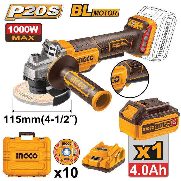 Smerigliatrice angolare 115mm con motore brushless da 1000W, corpo nero e gommato arancione, batteria 20V e accessori inclusi, ideale per taglio e molatura.