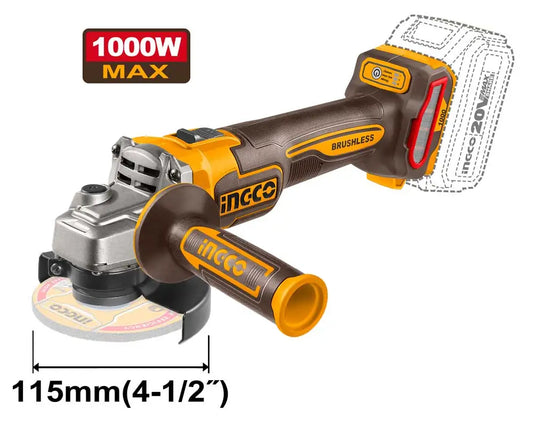 Smerigliatrice angolare a batteria 20V con corpo compatto, motore brushless da 115mm, design ergonomico in nero e giallo, ideale per lavori di precisione.