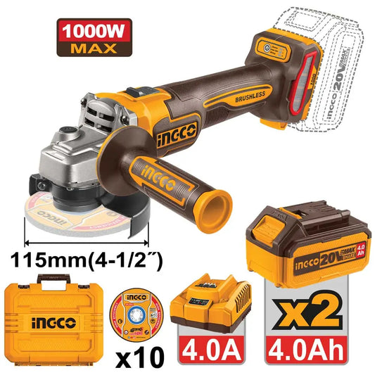 Smerigliatrice angolare Ingco senza fili da 115mm, corpo nero e giallo, con batteria 20V 4.0Ah, caricatore rapido e valigetta di trasporto