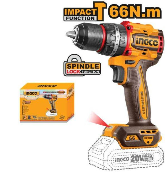 Trapano a percussione 20V Compact Brushless - Nudo, Batteria non inclusa, con design ergonomico e funzione di blocco mandrino per lavori precisi.