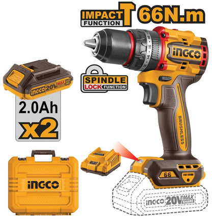 Trapano a percussione senza fili INGCO Brushless, colore giallo e nero, con mandrino regolabile, batteria da 20V, valigetta e accessori inclusi