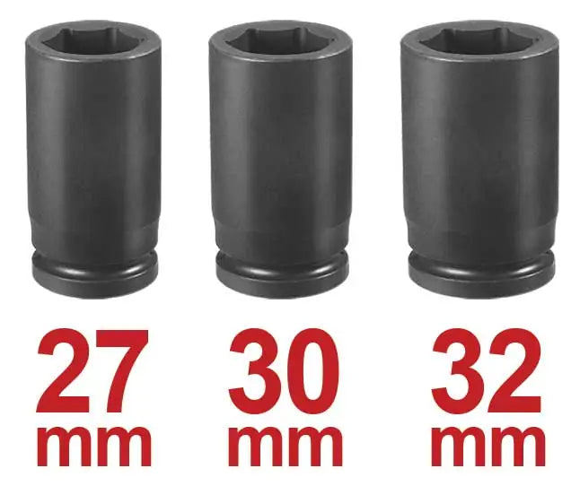 Set di prolunghe per avvitatore con diametri di 27 mm, 30 mm e 32 mm, in plastica nera, compatibili con impieghi industriali e meccanici