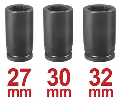 Set di prolunghe per avvitatore con diametri di 27 mm, 30 mm e 32 mm, in plastica nera, compatibili con impieghi industriali e meccanici