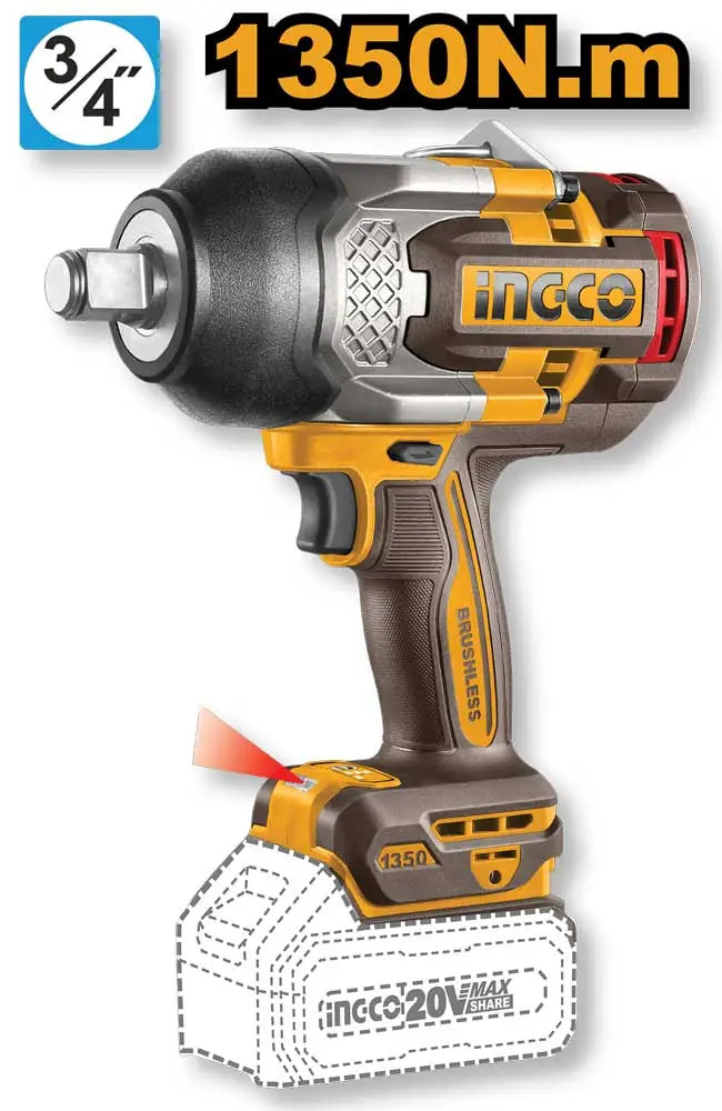 Avvitatore ad impulsi Ingco 20V con corpo compatto, impugnatura ergonomica, colore giallo e nero, potente motore brushless, SKU: I/CIWLI201351