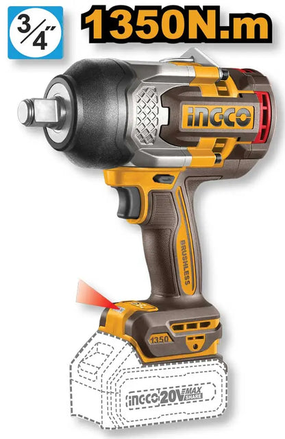 Avvitatore ad impulsi Ingco 20V con corpo compatto, impugnatura ergonomica, colore giallo e nero, potente motore brushless, SKU: I/CIWLI201351