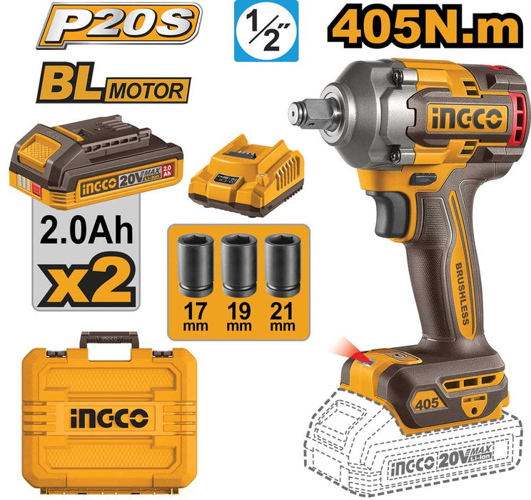 Avvitatore ad Impulsi Ingco 20V 405Nm con 2 Batterie 2.0Ah