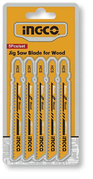 Set di 5 lame per seghetto alternativo INGCO per legno, compatibili con seghetti alternativi a batteria 20V, perfette per tagli netti e precisi.