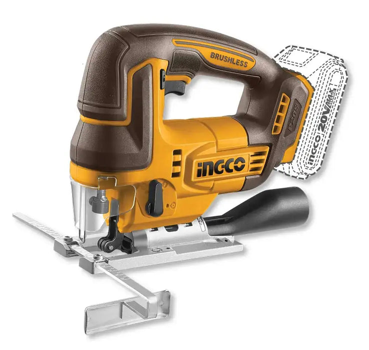 Seghetto alternativo a Batteria 20V Nudo INGCO con impugnatura ergonomica e guida di taglio, ideale per tagli precisi su legno e metallo.