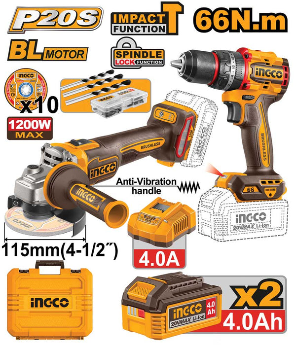 Set Trapano Avvitatore + Smerigliatrice 20V Brushless 2 Batterie 4Ah